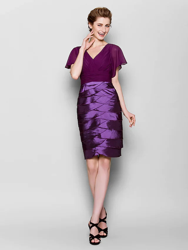 Wholesale Mother of the Bride Dress V Neck Knee Length Chiffon Taffeta Short Sleeve with Criss Cross